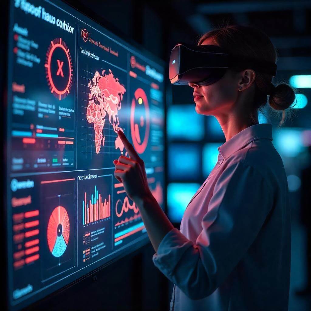 A user interacting with a holographic dashboard, showcasing AR/VR.