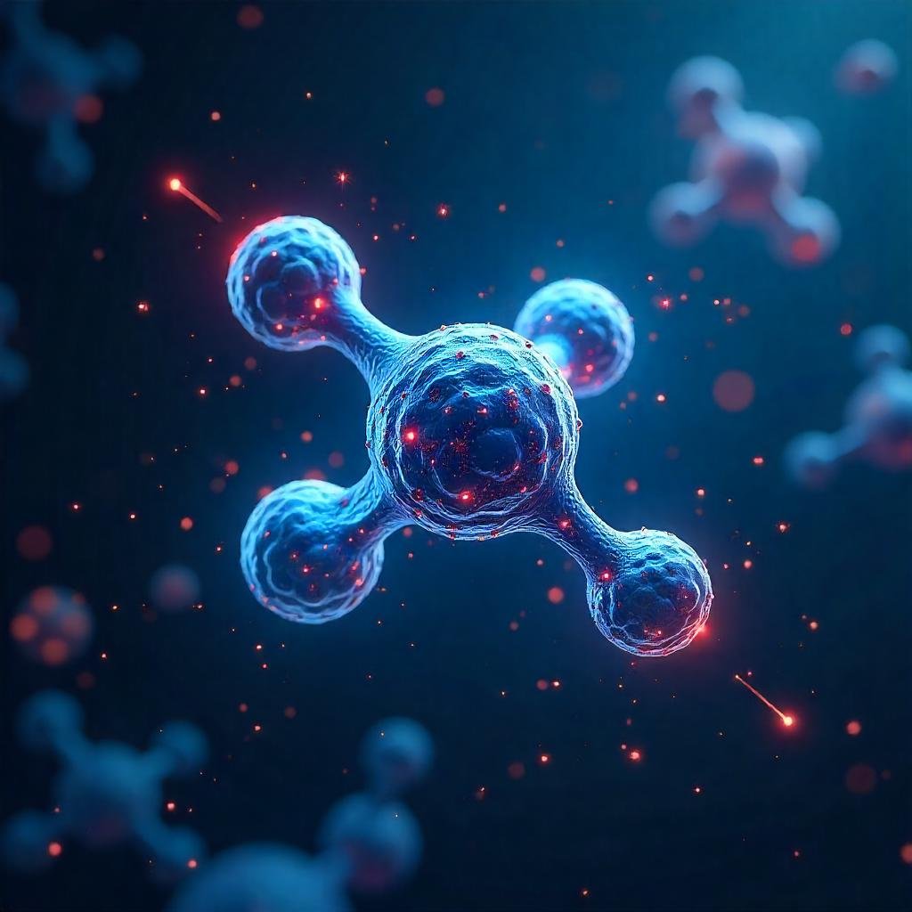 A 3D model of a molecule with quantum particles orbiting, set against a high-tech backdrop.
