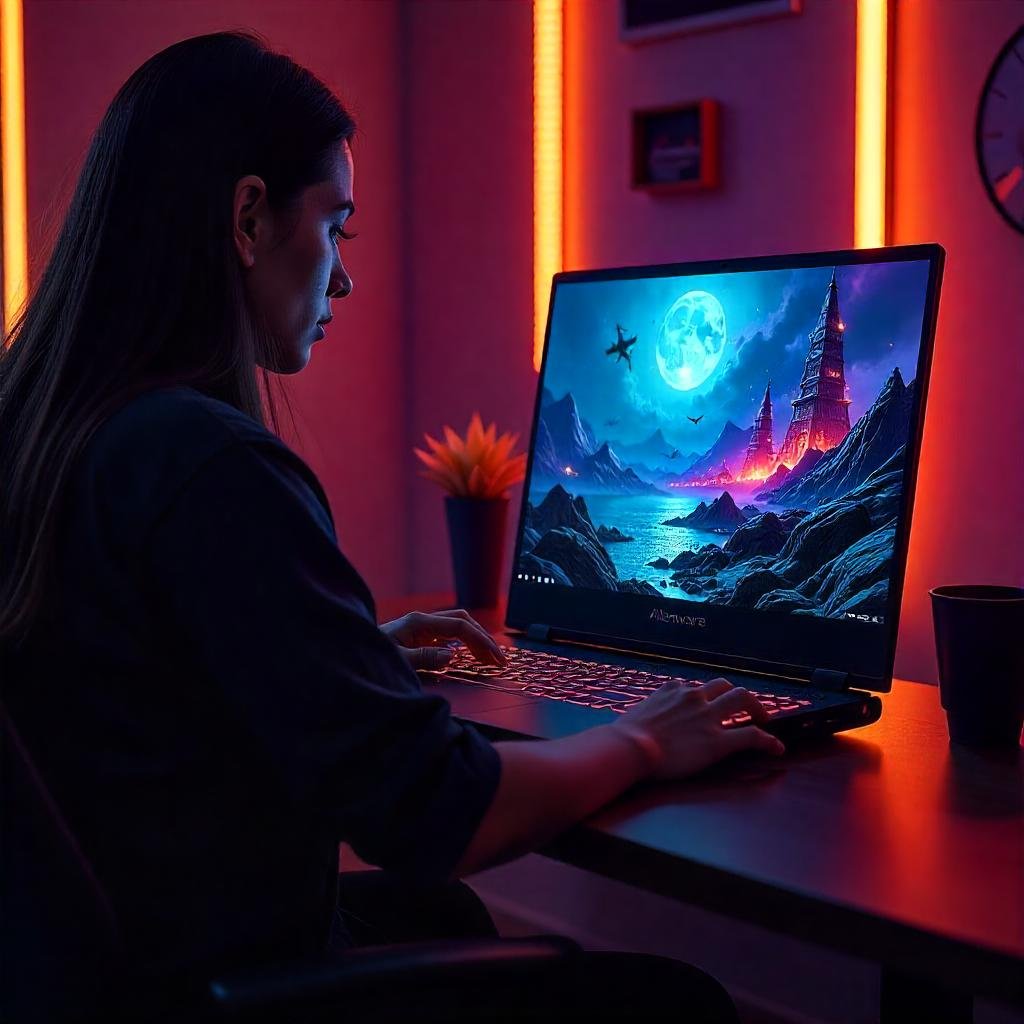 The Alienware m18 R2 in a high-tech gaming setup, showing its 4K display with a sci-fi game.