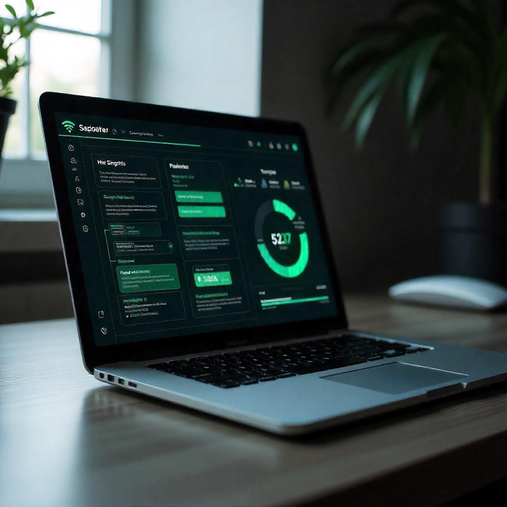 Laptop screen with a futuristic Wi-Fi tool interface.