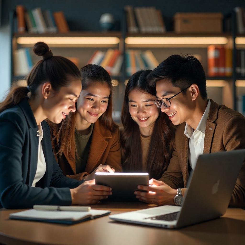 An engaging image of a group of students collaborating around a tablet in a library. Use neutral tones (grays, whites) to evoke focus and teamwork, with a subtle "Save Big" banner.