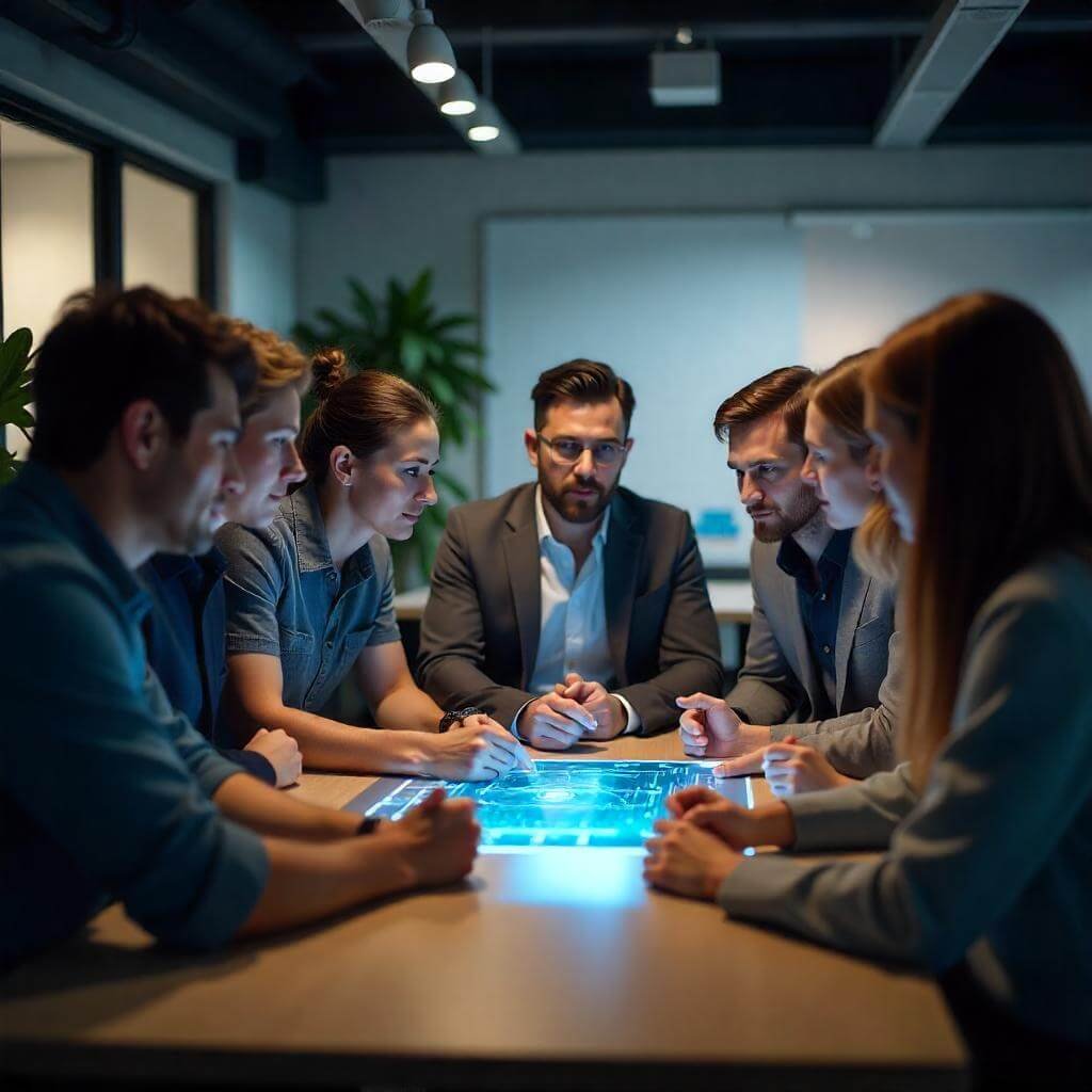 A diverse group around an AI interface, in blue and silver for unity.