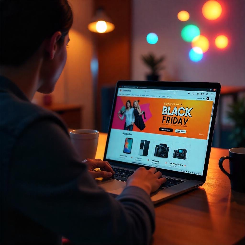 A high-resolution image of a person shopping online for tech deals, with a laptop screen displaying a Black Friday sale page featuring gadgets.