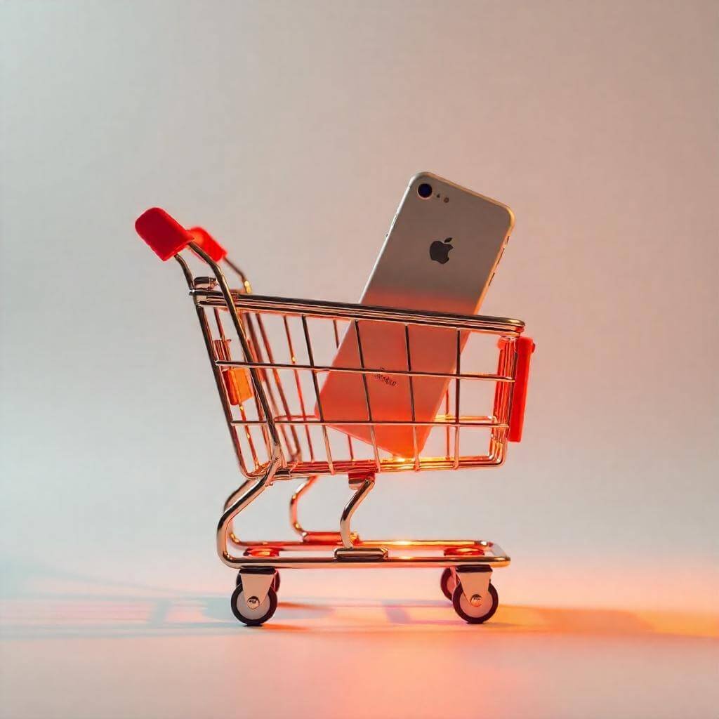 A dynamic shopping cart with smartphones and sale banners, using reds and golds to convey urgency.