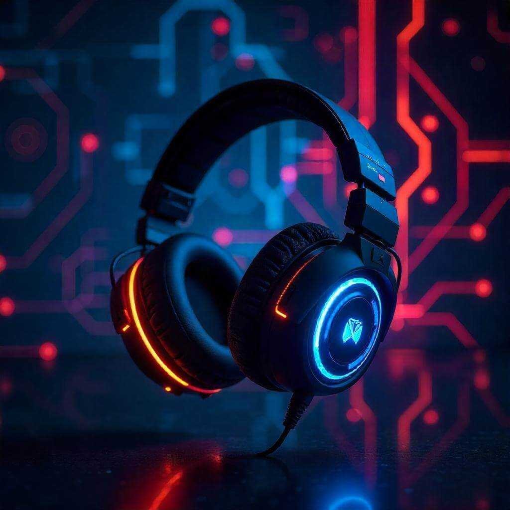 The headset is the focal point, with glowing details to highlight its advanced design.