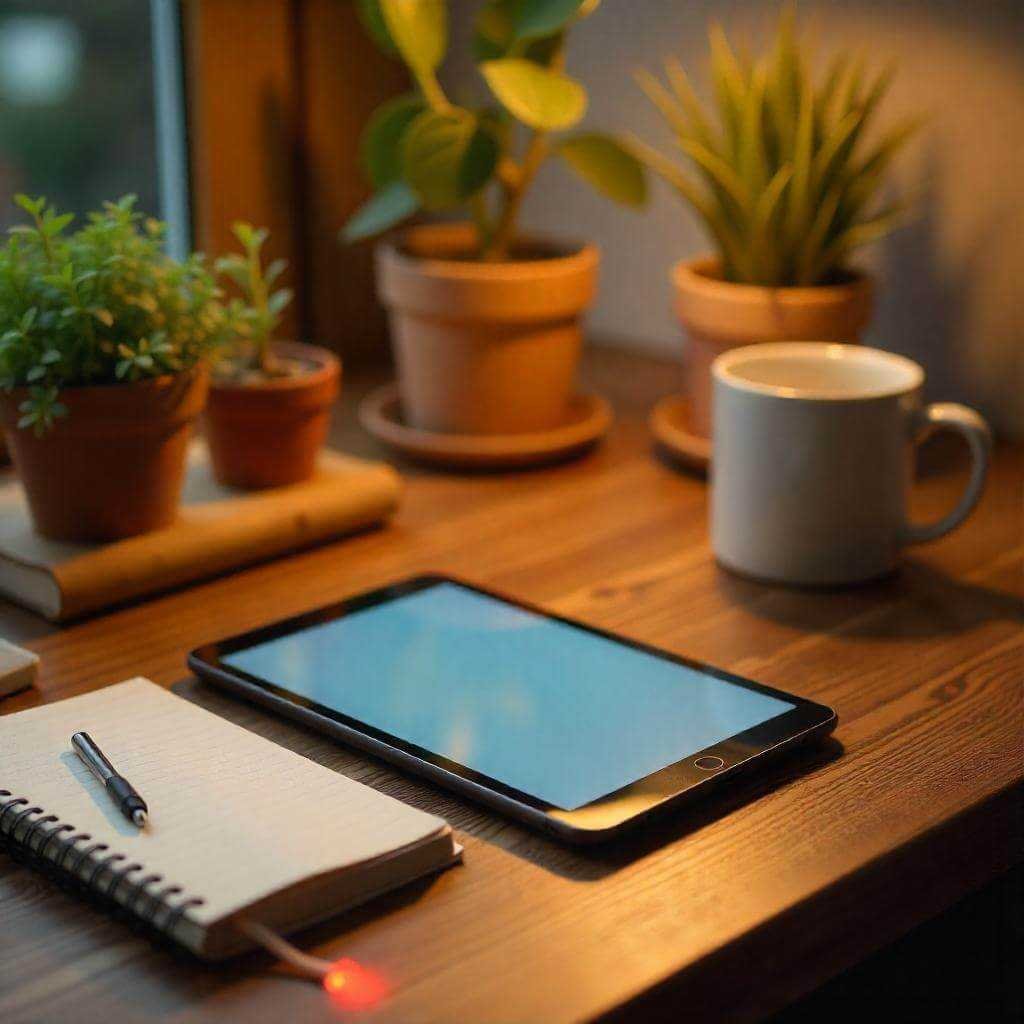 A tablet on a wooden desk, surrounded by a notebook, coffee mug, and plants.