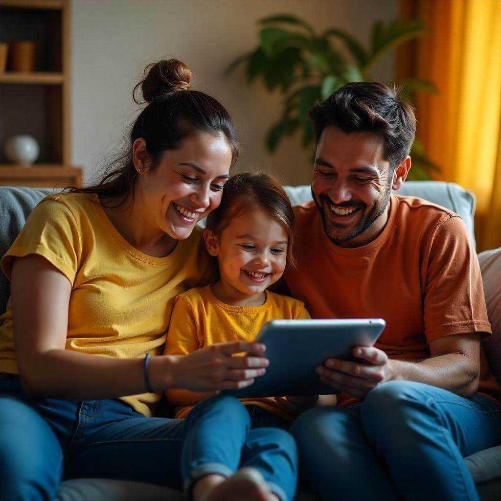 A family (parents and kids) on a couch, laughing while using a tablet for a game or movie.