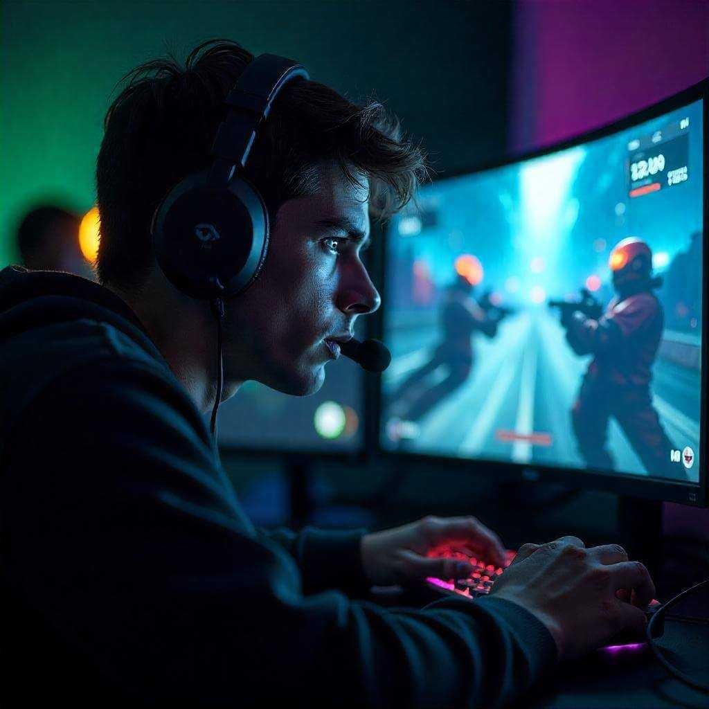 The background shows a blurred monitor displaying a colorful game (e.g., a first-person shooter).