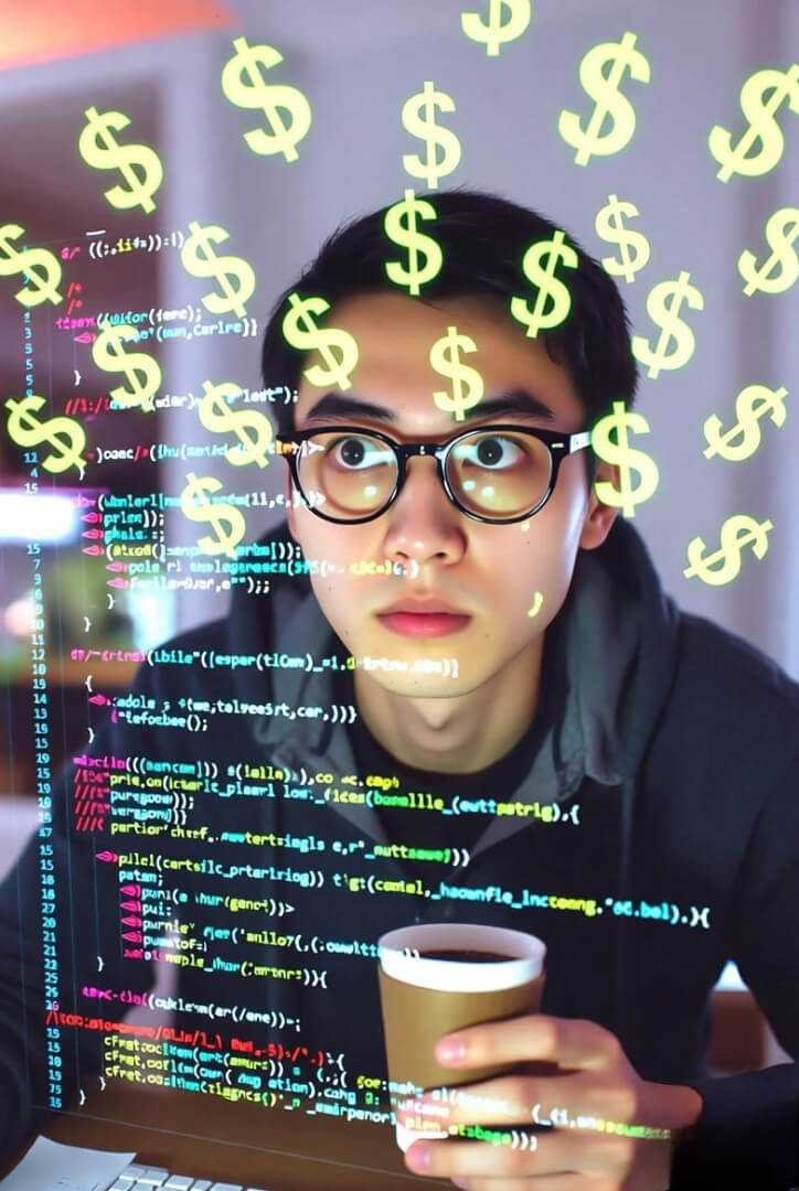 A programmer holding a coffee cup, staring at a screen full of errors, with floating dollar signs fading in and out.