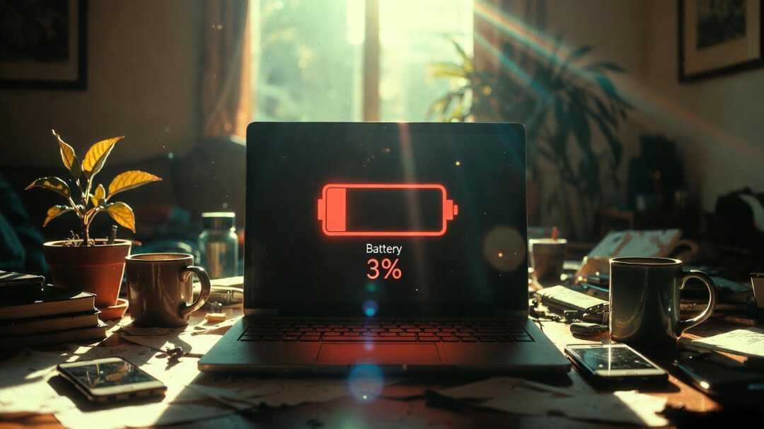 a well-used laptop on a slightly cluttered Queens apartment table — coffee mug, a cracked iPhone, maybe a plant that’s definitely dying.