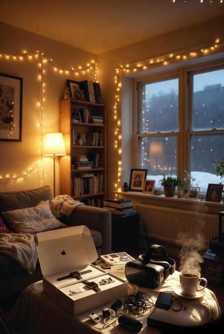 A cozy Queens apartment at dusk, yellow-tinted fairy lights, a slightly messy living room with open gadget boxes