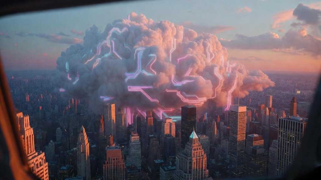 a giant fluffy cloud floating above Manhattan, with subtle neon circuits glowing across it.