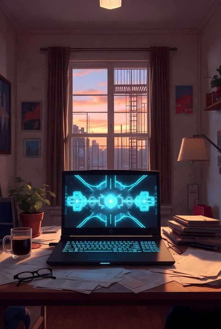 a gaming laptop glowing neon blue on a messy wooden desk in a Queens apartment at sunset.