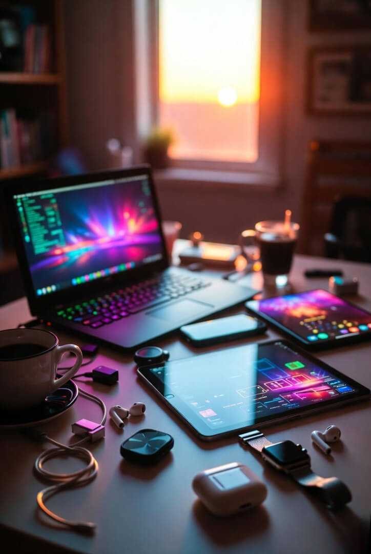 a cluttered desk with glowing tech gadgets